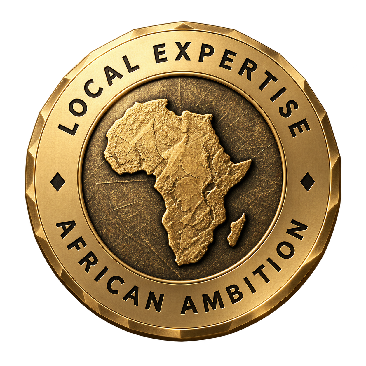 Gold medallion with embossed Africa — Local Expertise, African Ambition